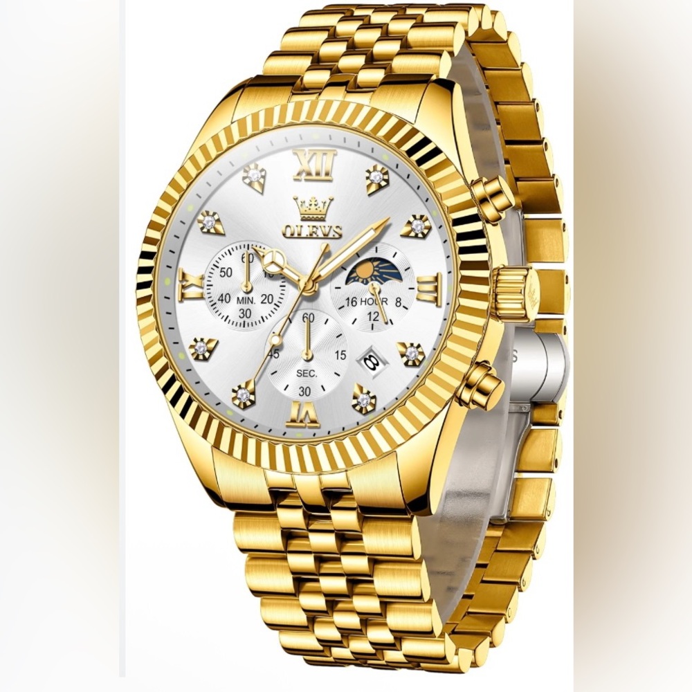 NWT NIB Gold OLEVS Stainless Steel Quartz Watch With Silver Watch Face